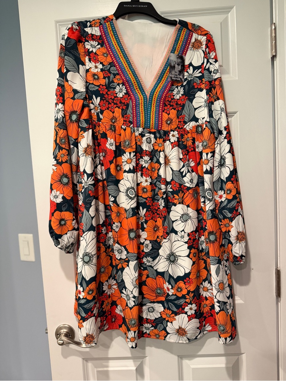 Source Unknown Orange & White Floral Asymmetrical V-Neck Dress